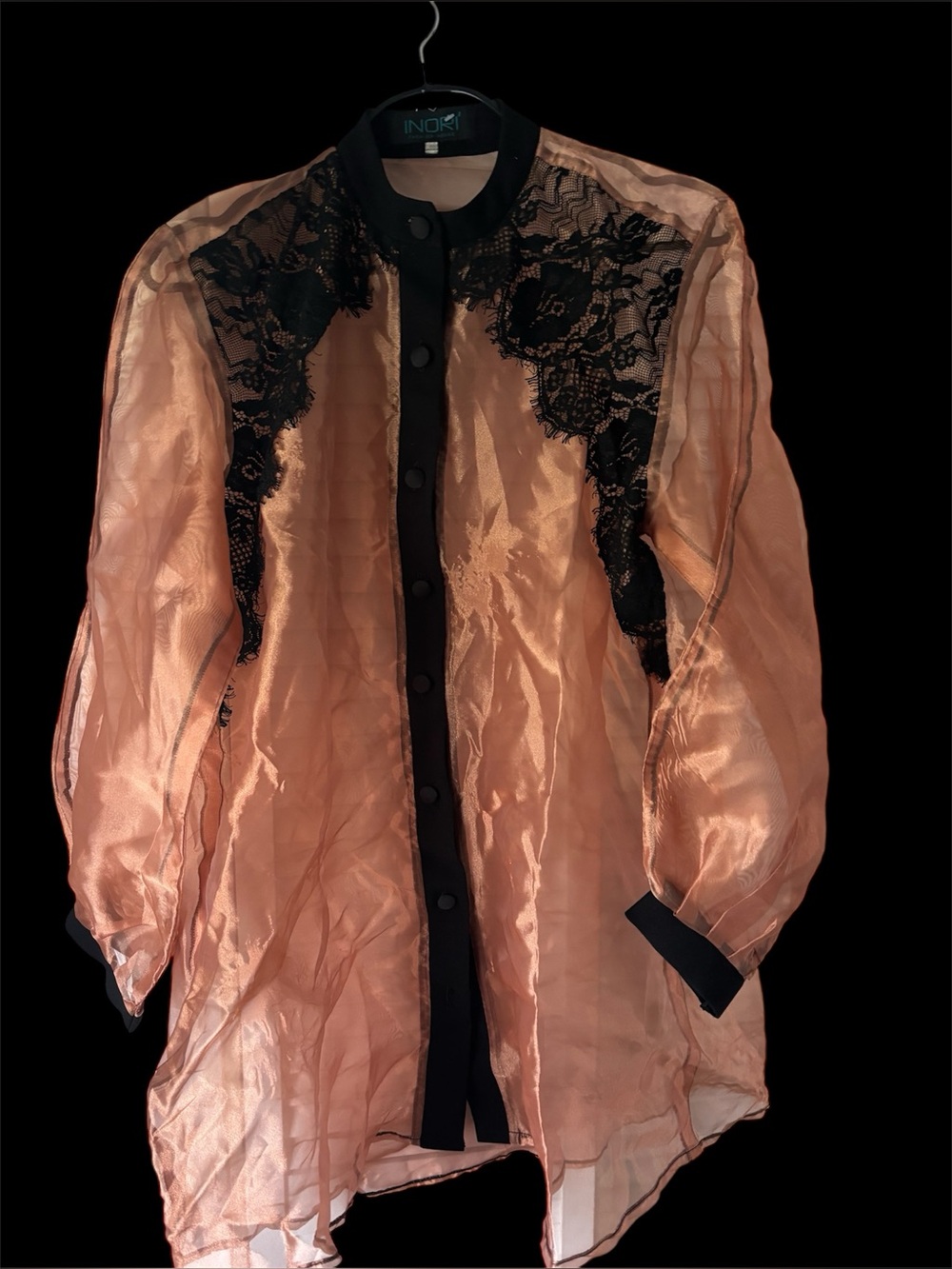 Sheer Peach Organza Blouse with Black Lace Trim